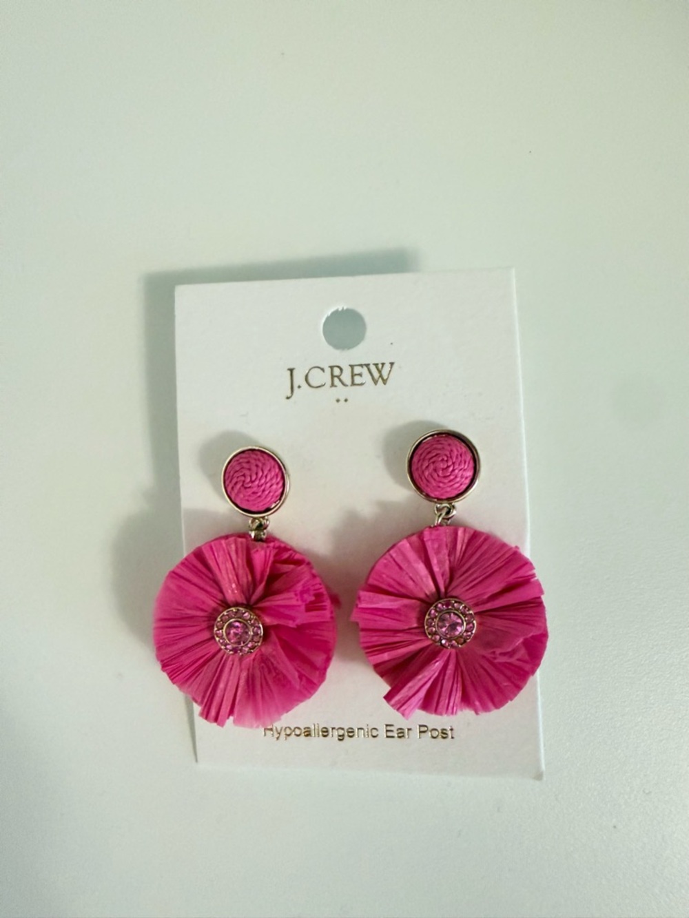 J. Crew Hot Pink Raffia Floral Drop Earrings
